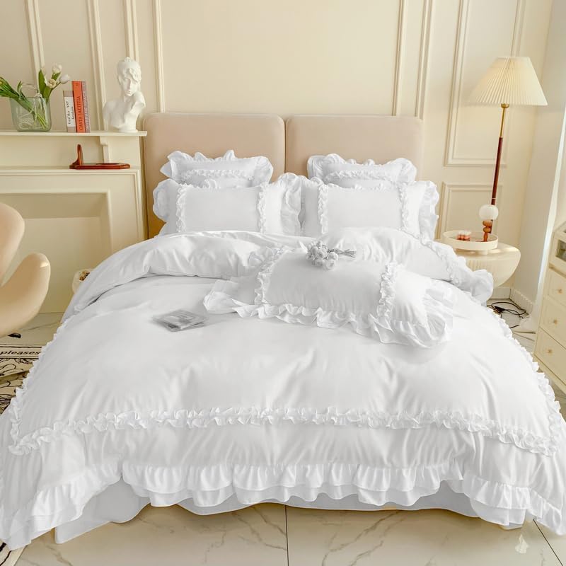 Girls Lace Bedding, Queen Comforter Cover Set, Chic Ruffled Duvet Cover with 2 Layers Ruffle,Princess Style 1 Duvet Cover with 2 Pillowcases, No Comforter-White,Queen Size