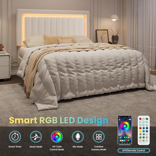 SHA CERLIN Queen Size Velvet Bed Frame with LED Light, White