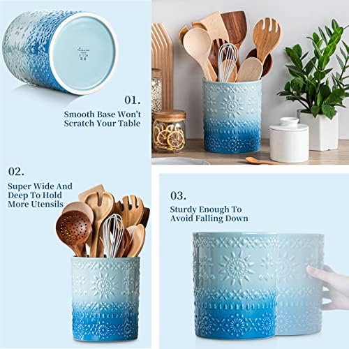 LOVECASA 7.2" Extra Large Ceramic Utensil Holder, Farmhouse Crock, Blue