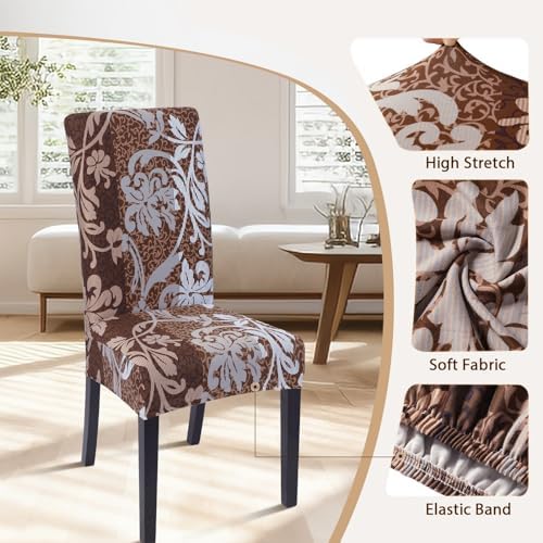 SearchI Dining Room Chair Covers Set of 6, Stretch Printed Parsons Chair Slipcovers Removable Washable Kitchen Chair Protector Cover for Dining Room, Hotel, Ceremony (Brown+Flower)
