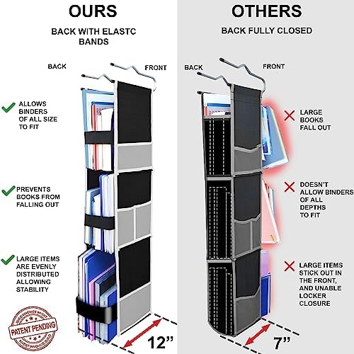 ABRA® 3 Shelf Hanging Locker Organizer for School, Work, Gym | Deep Shelves 6.5”x 9”| Eco-Friendly Fabric Healthy for Children | Adjustable School Locker Shelf from 3 to 2 Shelves (Black/White)