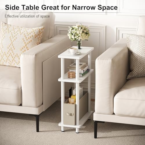 Apicizon Narrow Side Table with Fabric Basket, 3-Tier End Table, White