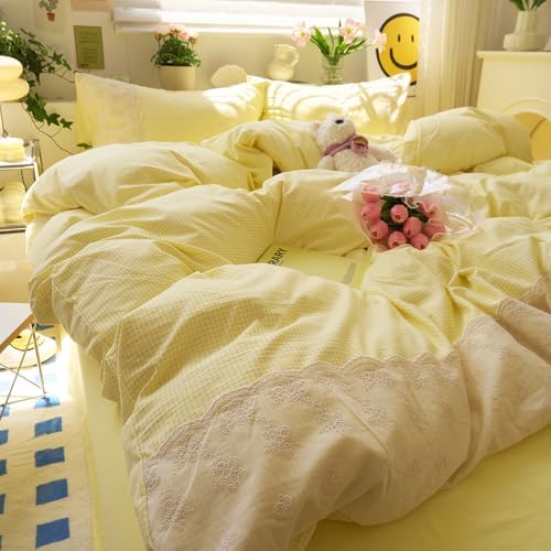 LifeTB Yellow Gingham Duvet Cover King 3 Pieces Romantic Lace Comforter Cover Soft Microfiber Cream Yellow Grid Duvet Cover Farmhouse Plaid Checkered Comforter Cover Grid Gingham Bedding Set