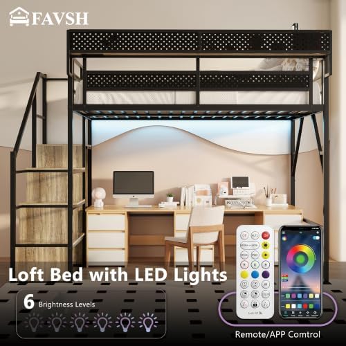 Full Size Metal Loft Bed with Storage Stairs, Wardrobe & Charging Station