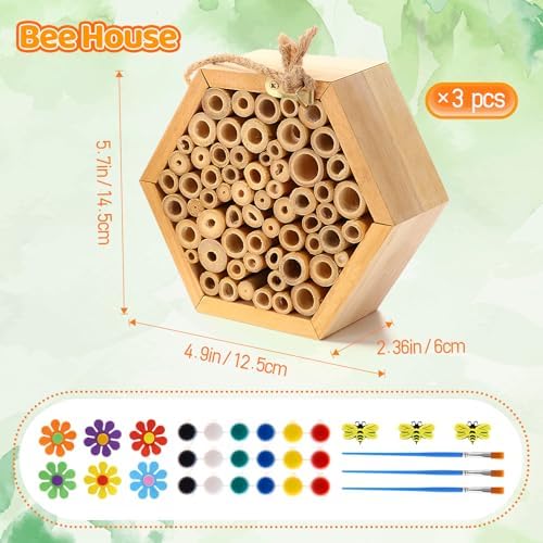 Leinuosen 3 Pcs Mason Bee House with DIY Painting Kits, Felt Bee Flower