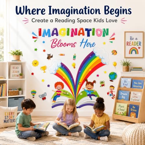 Cinrobiye Inspirational Quotes Wall Decals, Imagination Blooms Here Classroom Wall Decor, Reading Corner & Library Wall Stickers, School Wall Decorations for Preschool, Elementary Classroom, Daycare