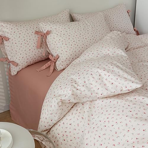 Floral Print Duvet Cover King Size Cottage Pink Striped Bedding Set 3pcs