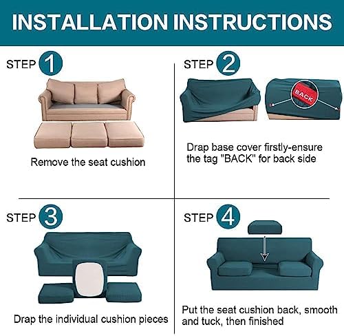 Turquoize 4 Piece Sofa Covers for 3 Cushion Couch Sofa Slipcover Soft Couch Cover for Dogs-Washable Sofa Furniture Covers with 3 Individual Cushion Covers, Jacquard Fabric (3 Cushion Sofa, Deep Teal)