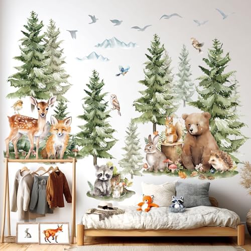 DECOWALL Large Watercolor Pine Tree Woodland Animals Wall Decals (SG4-2422)
