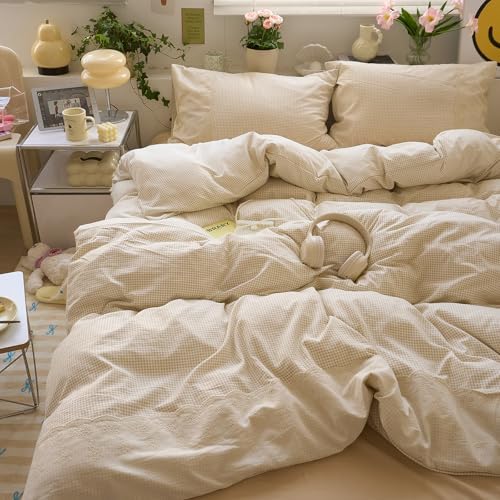 LifeTB Tan Gingham Duvet Cover Queen 3 Pieces Romantic Lace Duvet Cover Vintage Plaid Checkered Comforter Cover with 2 Pillowcases Soft Microfiber Beige Tan Grid Farmhouse Plaid Bedding Set