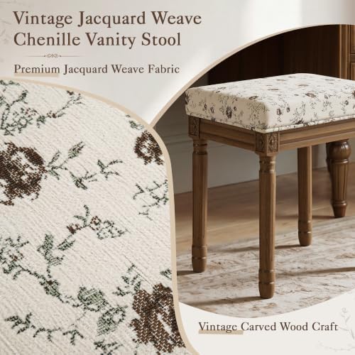 LUE BONA Vintage French Vanity Bench Stool, Upholstered Floral Makeup Chair