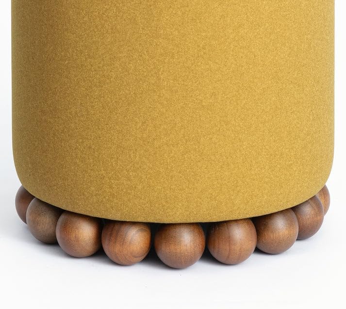 First of a Kind Amber Performance Vegan Mohair Ottoman, Plush Upholstered Accent Stool and Footrest with Foam-Padded Top and Solid Wood Orb Legs
