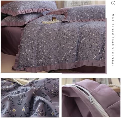 Girls Flower Duvet Cover Set 100% Cotton Queen(90"x90"),Ruffled Purple