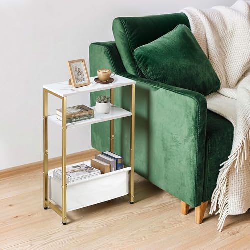 Narrow Side Tables Set of 2 for Small Spaces, Slim End Tables with Fabric Storage Basket, Thin Bedside Table with Faux Marble Tabletop for Living Room, Bedroom, Gold