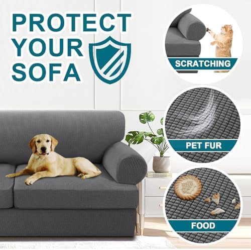 Turquoize 3 Piece T Cushion Loveseat Slipcovers Sofa Cover for 2 Cushion Couch Cover Washable Sofa Slipcover Furniture Covers with 2 Individual T Cushion Seat Covers (2 Cushion Loveseat, Gray)