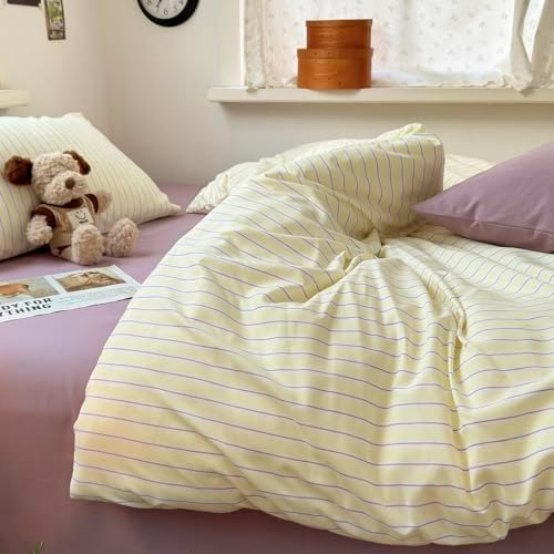 mixinni Pastel Yellow Lavender Striped Twin XL Duvet Cover Set, Soft Premium Washed Microfiber Aesthetic Stripes Comforter Cover with Hidden Zipper & Corner Ties, 3 Piece Sweet Teen Bedding for Girls