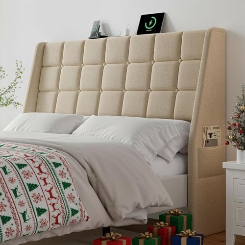 ONBRILL Ergonomic Headboard Queen Size with Charging Station, Beige