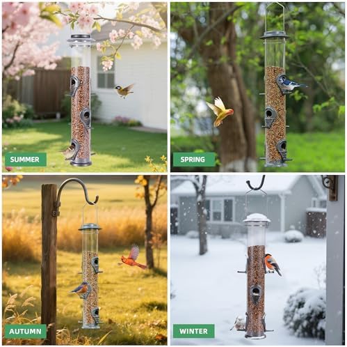 MIXXIDEA 1PK Metal Bird Feeders with 6 Feeding Ports,Tube Bird Feeder with Steel Hanger,Hard Plastic Wild Bird Feeder for Outdoors Hanging, Attracting Birds in Your Lawn, Garden, Balcony-Grey