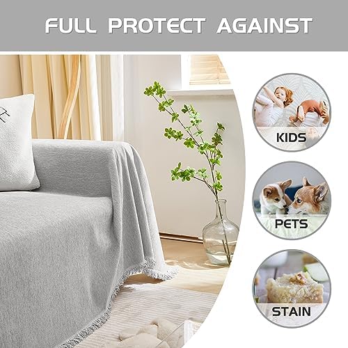 MEETSKY Sectional Couch Covers for Dog Chenille Sofa Cover, Washable Couch Cover for 3 Cushion Couch Sofa Pet Couch Furniture Protector, Light Grey Jacquard Sofa Slipcover with Tassel