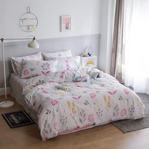 Floral Girls Duvet Cover Twin 100% Cotton Floral Bird Print Bedding Set Garden Style Flower Duvet Cover Breathable Aesthetic Cottagecore Comforter Cover Reversible Striped Bedding Set for Kids Teens
