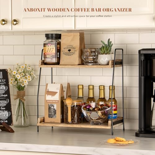 ANBOXIT Countertop Coffee Station Organizer, 2 Tier Wooden Shelf