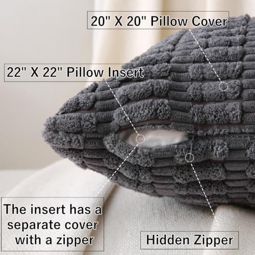 2 Pack Corduroy Decorative Throw Pillow with Inserts, 20x20 Inch Soft Boho Throw Pillow, Square Striped Throw Pillows for Couch, Bed, Sofa Decor (Dark Gray)