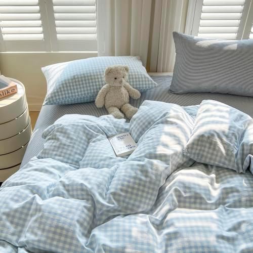 Gingham Duvet Cover Set,Cotton,Queen (90"x90"),Blue White Plaid