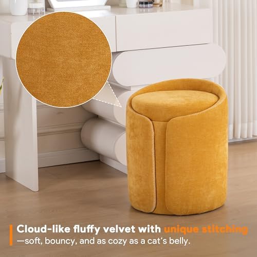 Storage Vanity Stool with Gold Base Comfy Vanity Chair Modern Round Stool for Makeup Vanity Ottoman Foot Rest for Bedroom livingroom, Yellow
