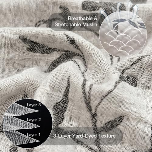 Simple&Opulence Cotton Muslin Blanket Queen Size 90"x90", Reversible Yarn-Dyed Vintage White Floral Jacquard, 3-Layer Gauze with Tassels, Soft Lightweight Breathable All-Season Bedspread for Bed Couch