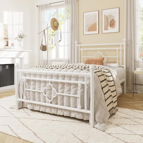 Allewie Twin Size Metal Platform Bed Frame, Victorian Headboard, White