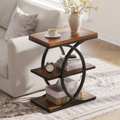 Vabches Narrow Side Table with Storage Shelf,3-Tier End Table with Artistic Curved Metal Frame,Industrial Bedside Tables for Small Space,Living Room,Bedroom,Home Decor,Walnut