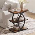 Vabches Narrow Side Table with Storage Shelf,3-Tier End Table with Artistic Curved Metal Frame,Industrial Bedside Tables for Small Space,Living Room,Bedroom,Home Decor,Walnut