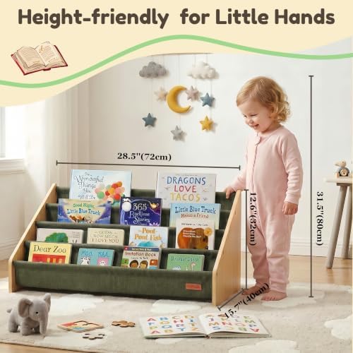 PERFNIQUE Montessori Kids Bookshelf, Wooden Front-Facing Baby Bookcase Organizer for Toddlers, 4-Tier Sling Decorative Book Rack with Deep Pockets for Kid Rooms, Nursery, Playroom & Reading Corner