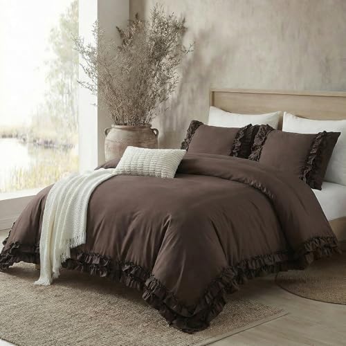 Dark Brown Duvet Cover Set Elegant Ruffled Bedding King Shabby Chic Lace Ruffle Boho Bedroom Decor Vintage Boho Style Chocolate Duvet Cover with Pillowcases