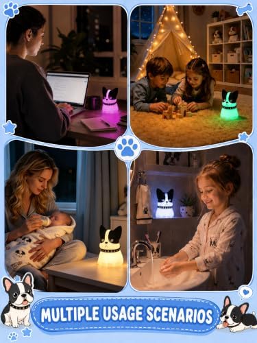 Ammonite Cute French Bulldog Night Light, Dog Gifts for Kids, Dimmable Silicone Nursery Nightlight, Rechargeable LED Lamp with RGB Color & Tap Control, Bedroom Decor for Baby Girls Women