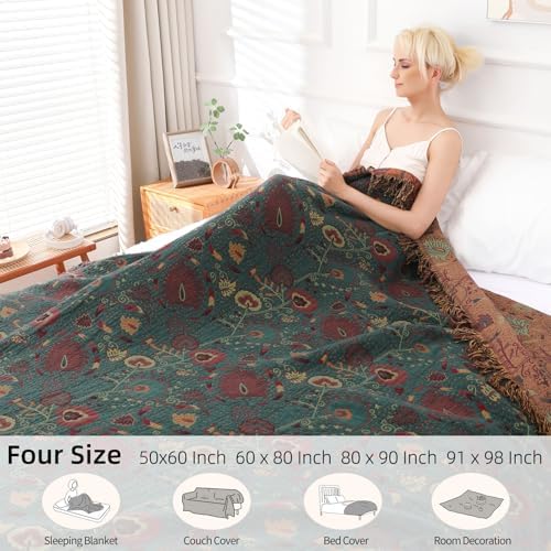 Boho Throw Blanket for Couch Bed, 100% Cotton Soft Rustic Quilt