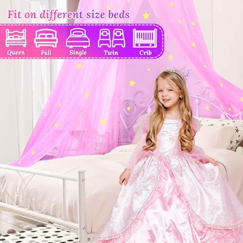 South to East Pink Bed Canopy for Girls with Glowing Stars, Gift for Girl