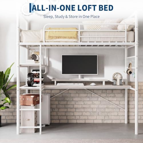 GarveeHome Loft Bunk Bed with L-Shaped Desk, Industrial Twin Loft Bed,White