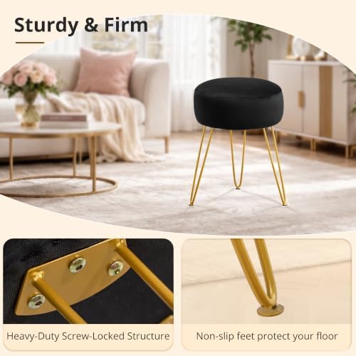 LUE BONA Vanity Stool, Black Vanity Stools for Makeup Room, Round Ottoman Foot Stool, Velvet Footrest Vanity Chair for Bathroom Vanity, Bedroom, Living Room, Entryway, Offices