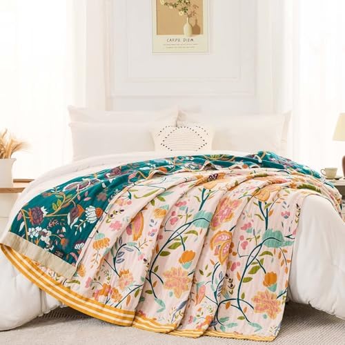 XIBLC Boho Throw Blanket for Bed, 100% Cotton Soft Rustic Quilt Fall Blanket, 80" 90" Floral Printed Farmhouse Decor Bed Blankets, All Season Rustic Reversible Bohemian Throw Quilt
