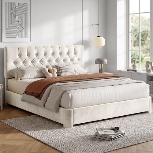 Queen Size Bed Frame with Headboard, Luxury Velvet Fabric Upholstered Bed frame with Button Tufted Design, Strong Wooden Slats Support - Low & Sturdy, Noise-Free, No Box Spring, Easy Assembly, Beige