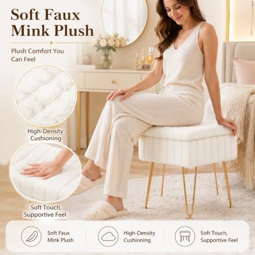 16.5" Faux Mink Fur Storage Ottoman Soft Footstool Vanity Chair Metal Legs