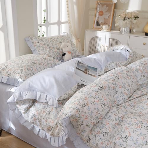 HighBuy Girl Floral Ruffle Duvet Cover Queen,Boho Floral Lace Ruffled 100% Cotton Blue Striped Bedding Coquette,Shabby Vintage Duvet Cover Set Farmhouse Bedding Cooling Breathable for Women