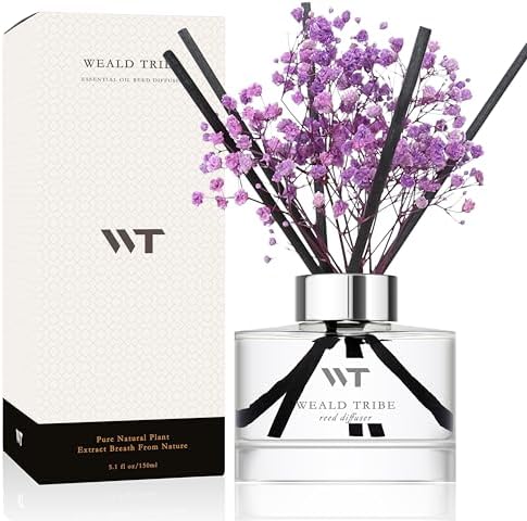 WEALD TRIBE Flower Reed Diffuser Set Lavender Scent for Bathroom Accessories Shelf Decor & Air Fresheners, Sticks Defusers with 5.1 fl oz Essential Oils & Leaves, House Bedroom Office Decor & Gifts