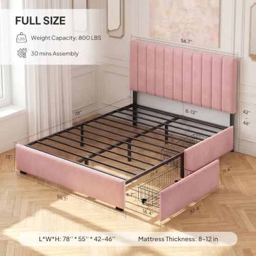 Welzona Full Size Upholstered Bed Frame with Headboard & 2 Drawers, Pink