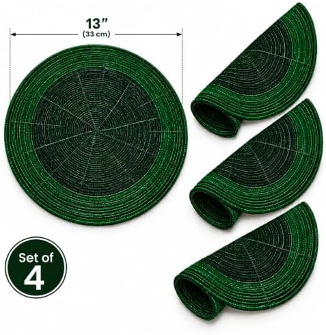 Beaded Charger placemats Set of 4, 13 Inch Round, Green Tonal