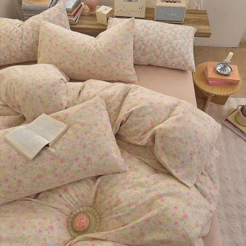 King Size Muslin Floral Duvet Cover Set 100% Cotton Cute Aesthetic Pink Comforter Cover,All Season Breathable Gauze Bedding Set with Zipper,1 Duvet Cover and 2 Pillowcases
