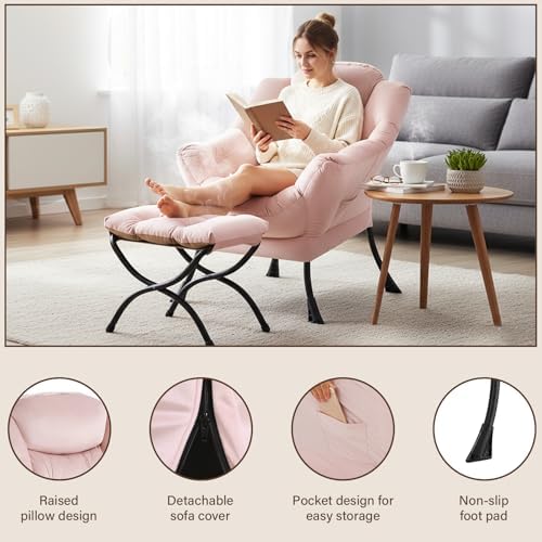 Welnow Lazy Chair with Ottoman, Reading Chair with Footrest, Pink