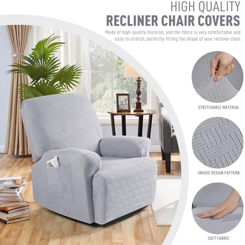 KinCam Recliner Covers, Stretch Reclining Chair Covers, Recliner Sofa Slipcovers Stripe Jacquard Recliner Couch Covers Furniture Protector Covers for Pet Kid (1 Seater, Silver Gray)