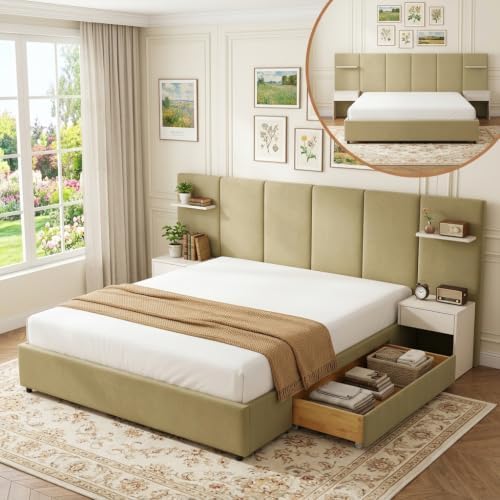 King Size Bed Frame with Storage & Built-in Nightstands & Drawers, Stone